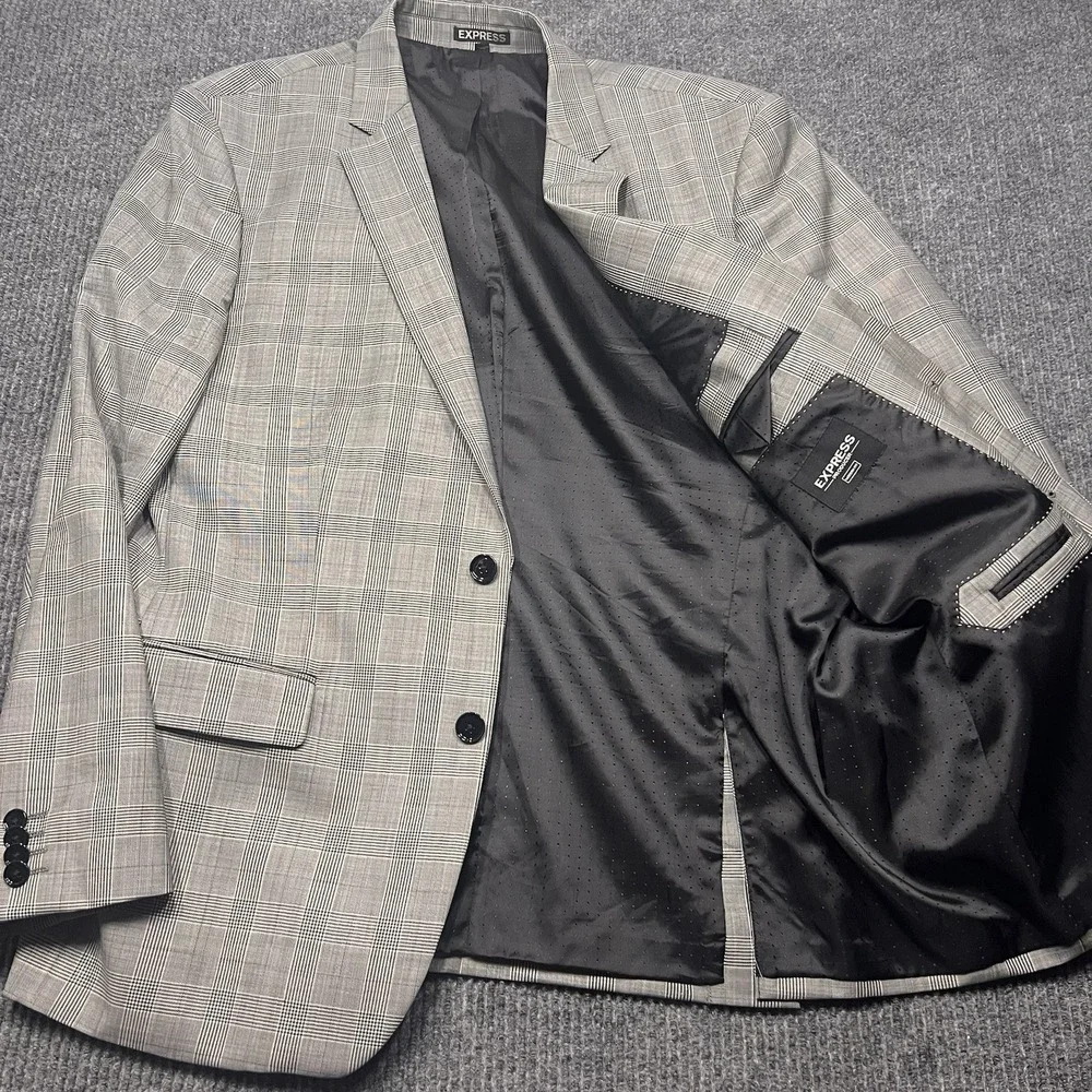 Express Producer Modern Fit Jacket Blazer Mens 44 Regular Slim Plaid Check Grey - Picture 4 of 12
